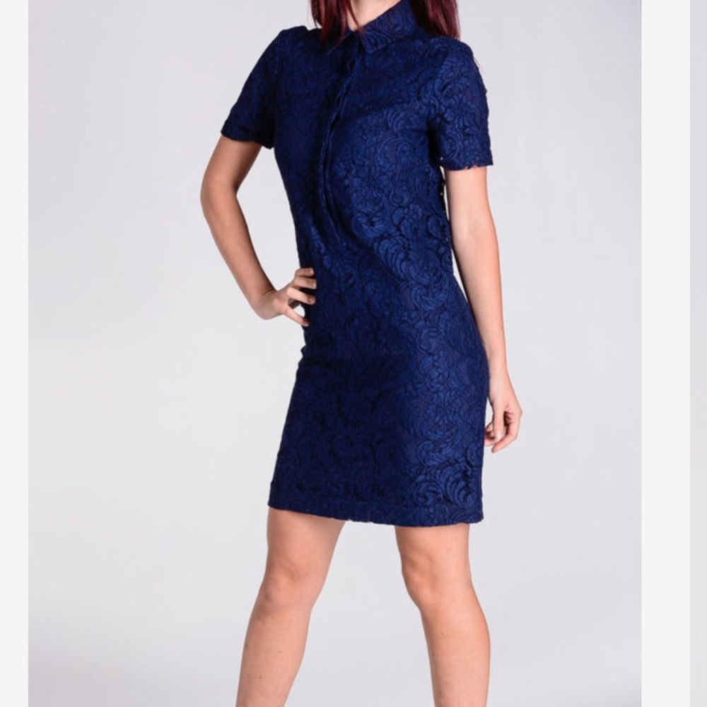 Burberry Ladies Navy Blue Floral Lace Shirt Dress - Picture 2 of 11